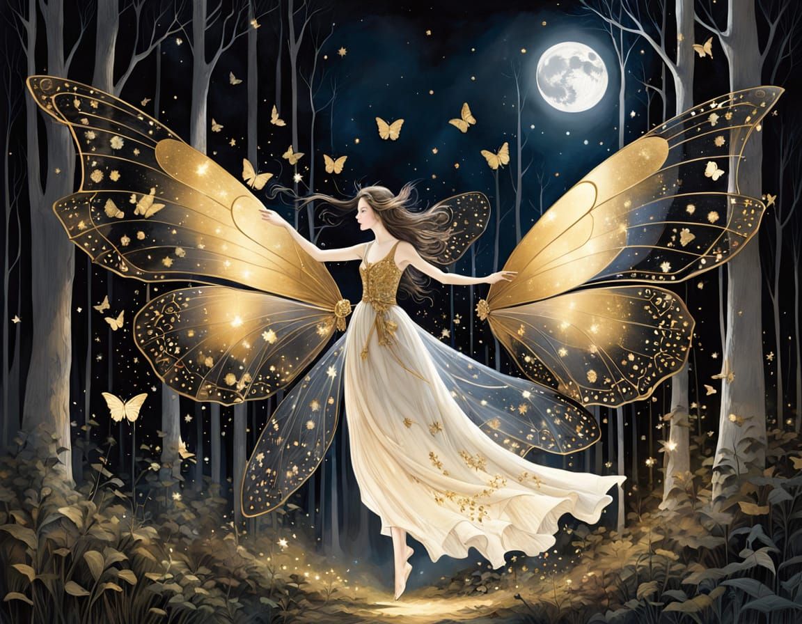 Golden Butterfly in Moonlit Woods, Fantasy Art