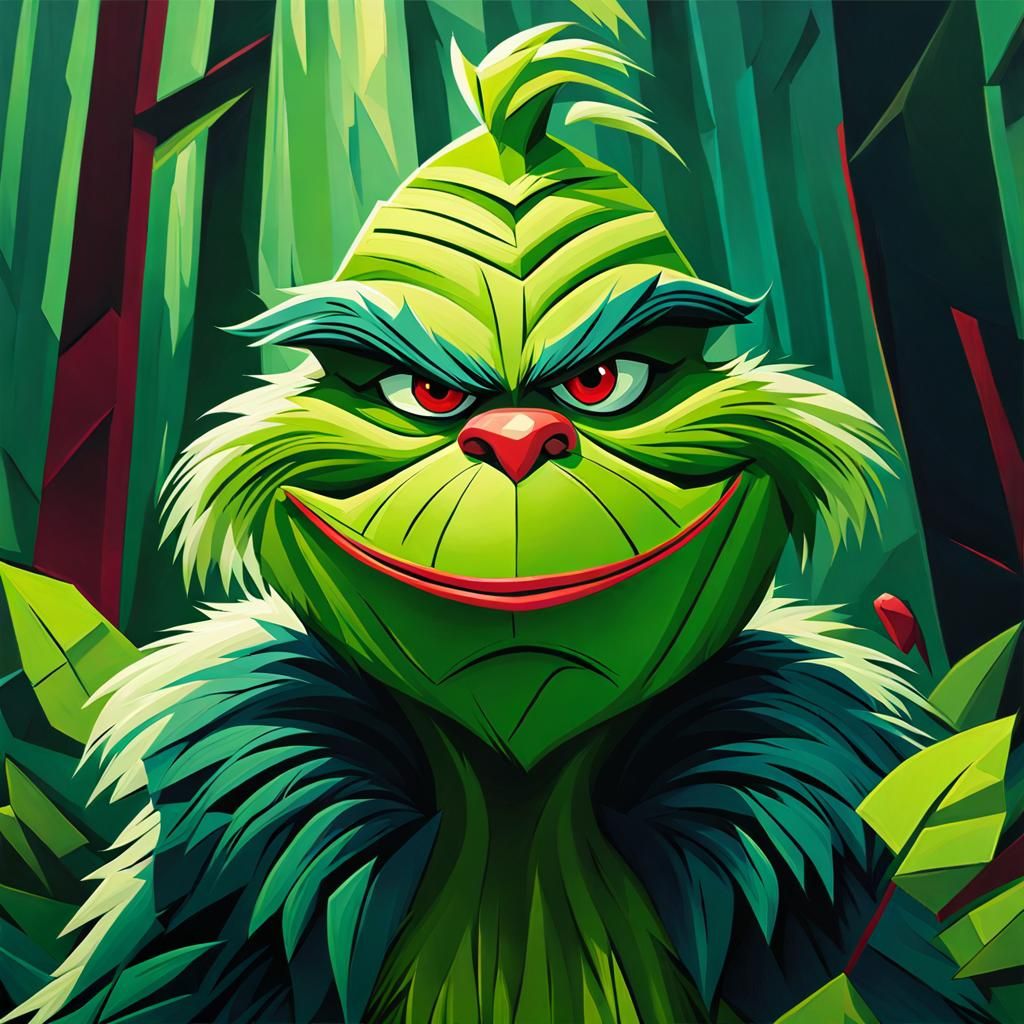 Grinch in Lush Forest as Cubist Oil Painting