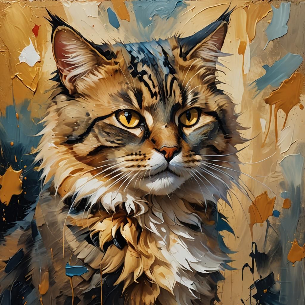 Expressive Oil Painting of a Cat with Thick Fur