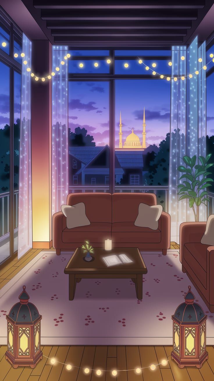 Cozy Anime-Style Living Room at Sunset