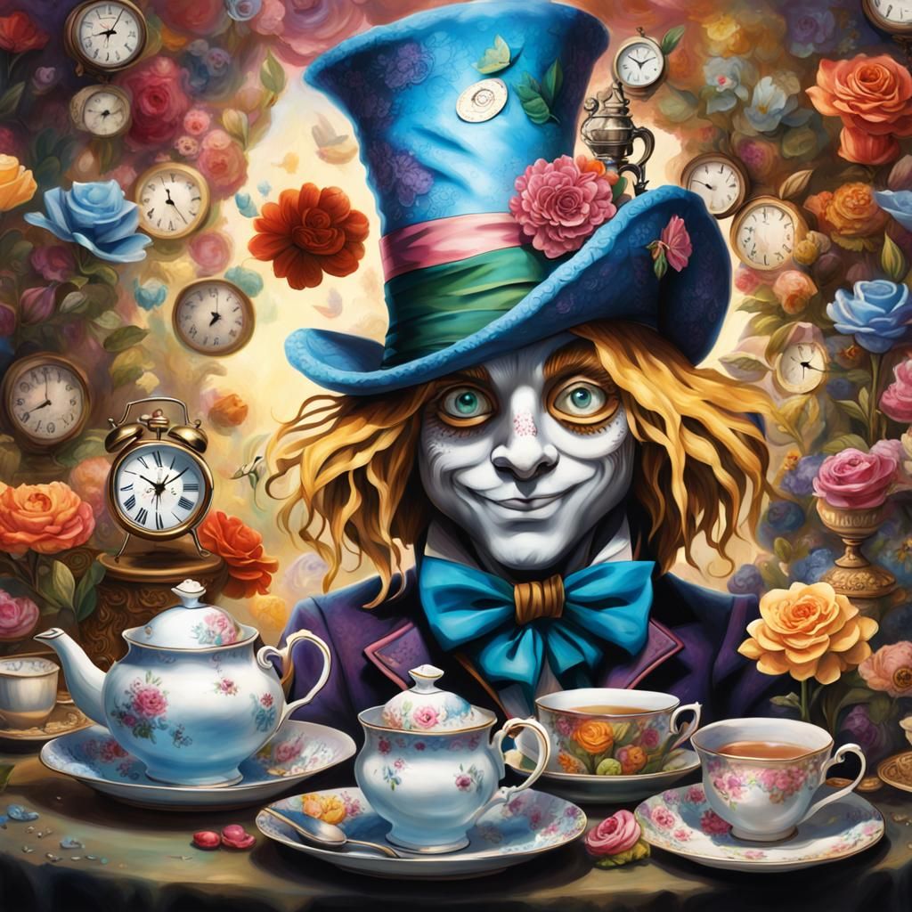 Tea party, Alice in wonderland, clocks, flowers , mad hatter