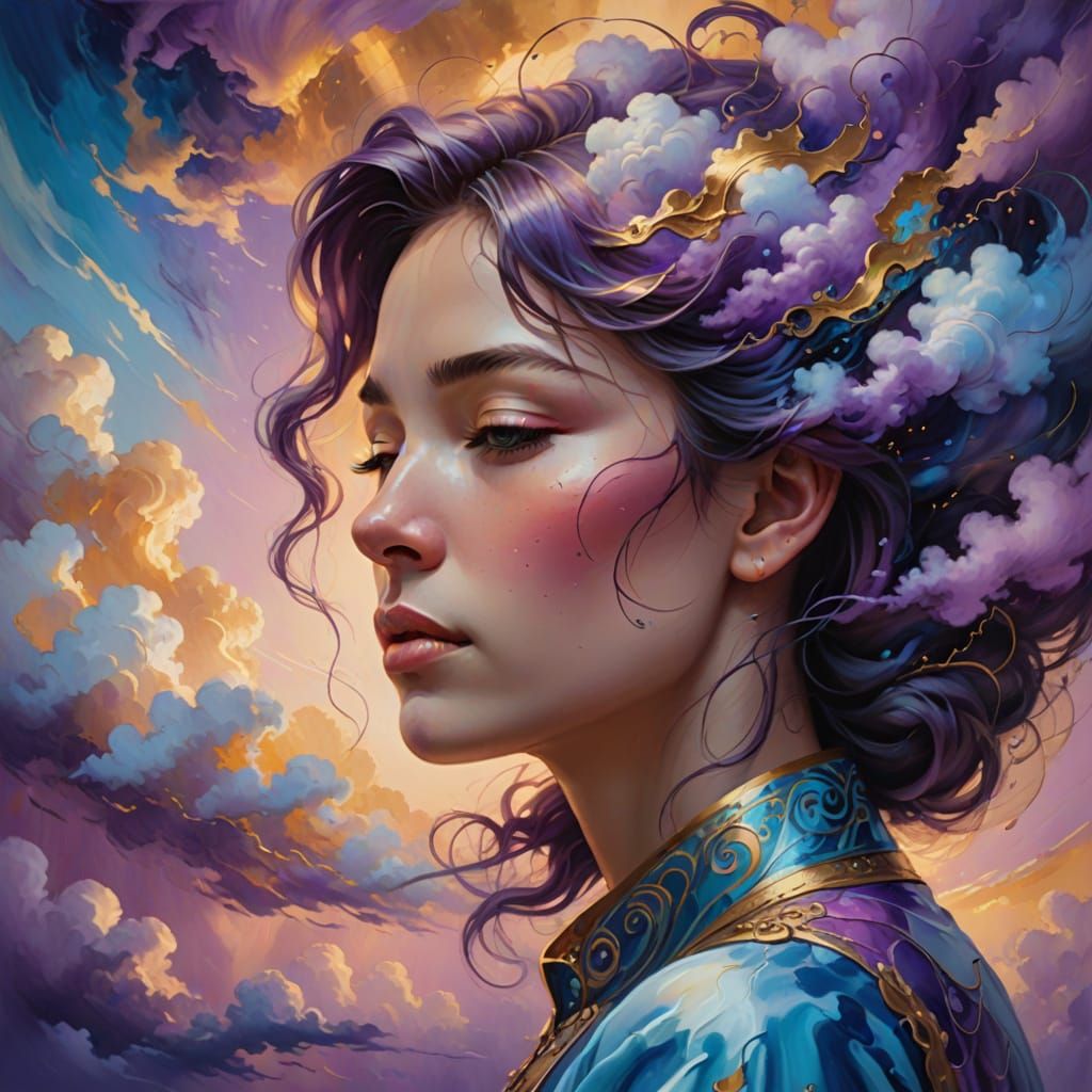 Dreamy Surrealist Portrait in Oil with Swirling Clouds