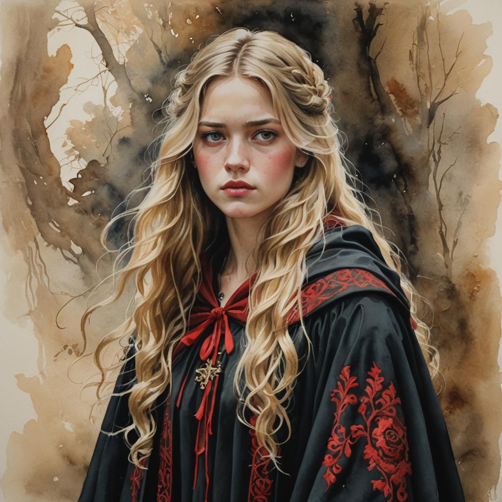 Fantasy Schoolgirl in Watercolor Painting