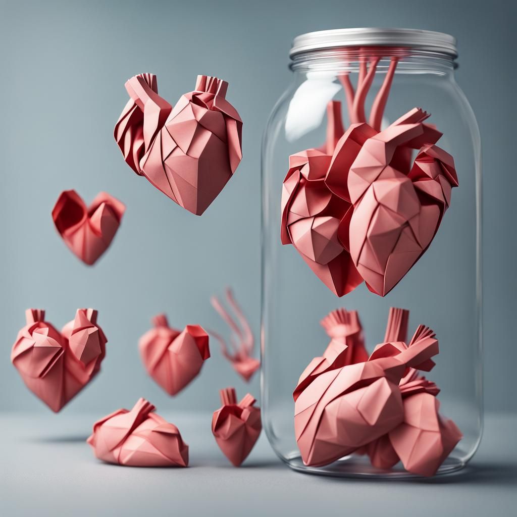 Origami Human Hearts in Glass Jar