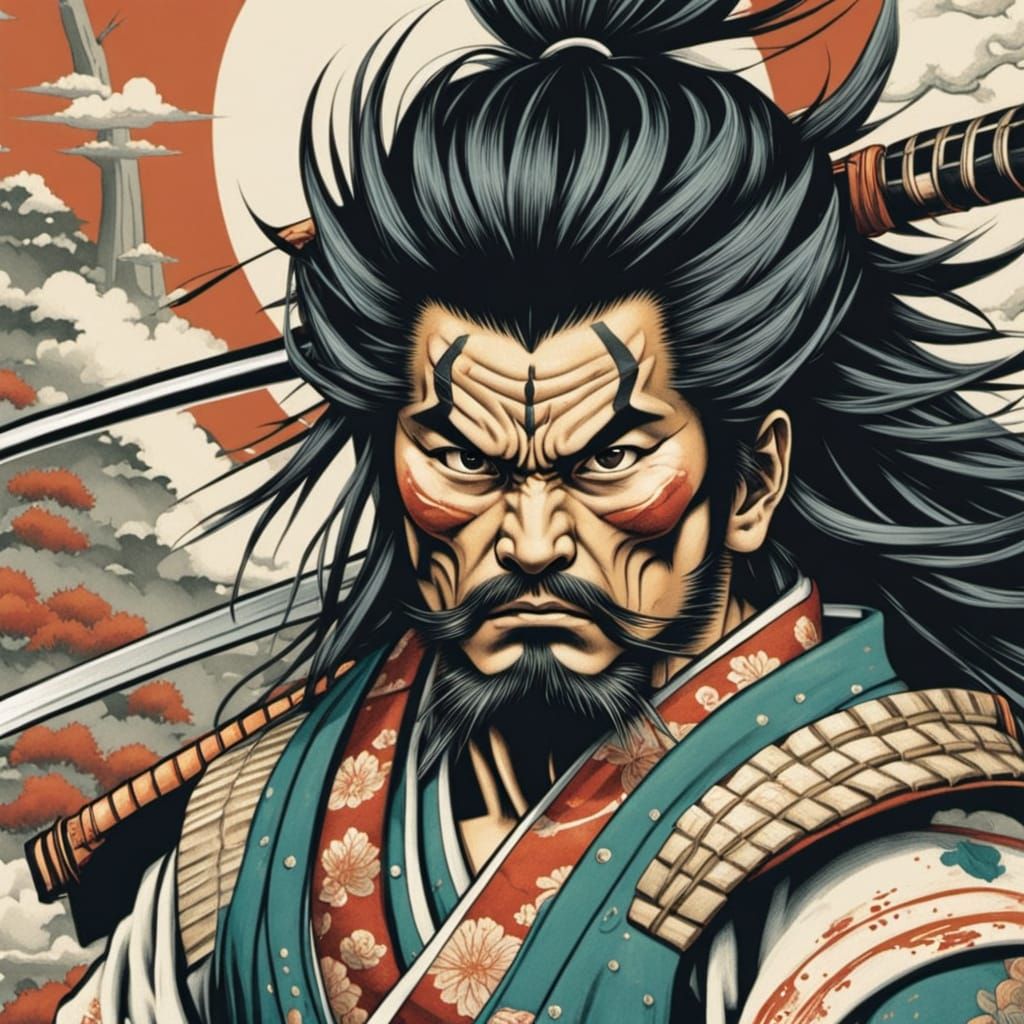 Samurai Warrior Attacking with Katana in Neo Traditional Tat...