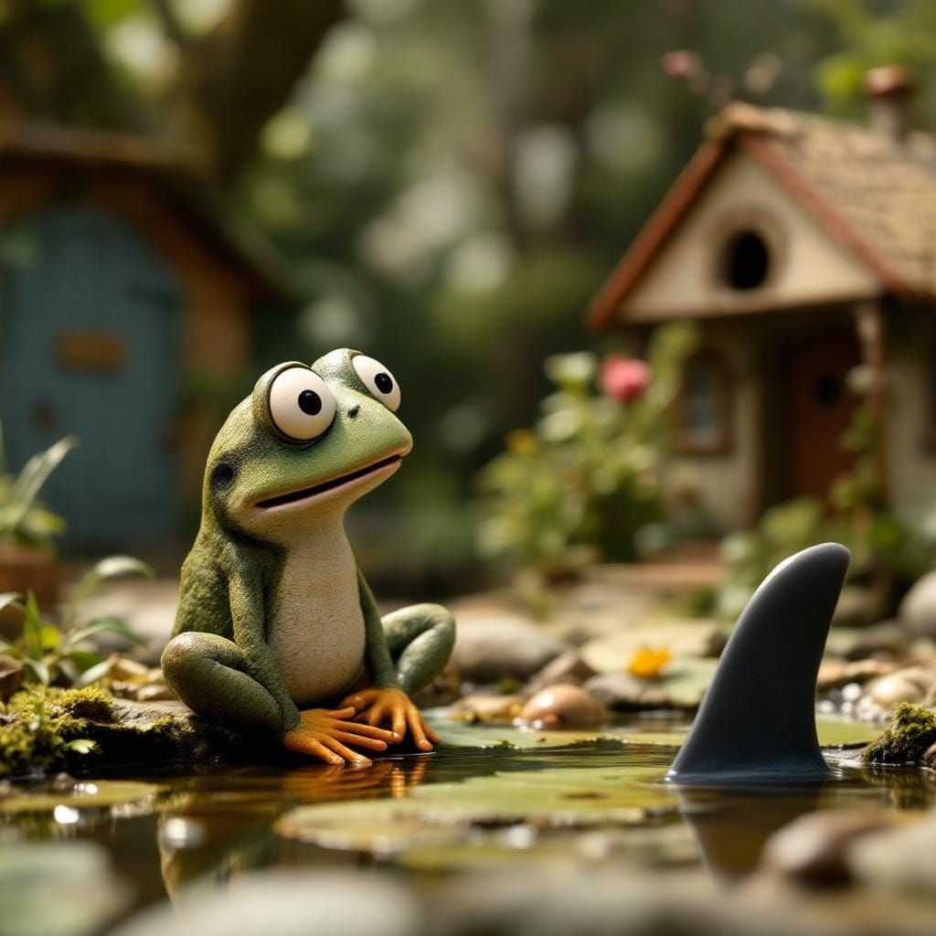 Surprised Frog Meets Shark Fin in Claymation Style