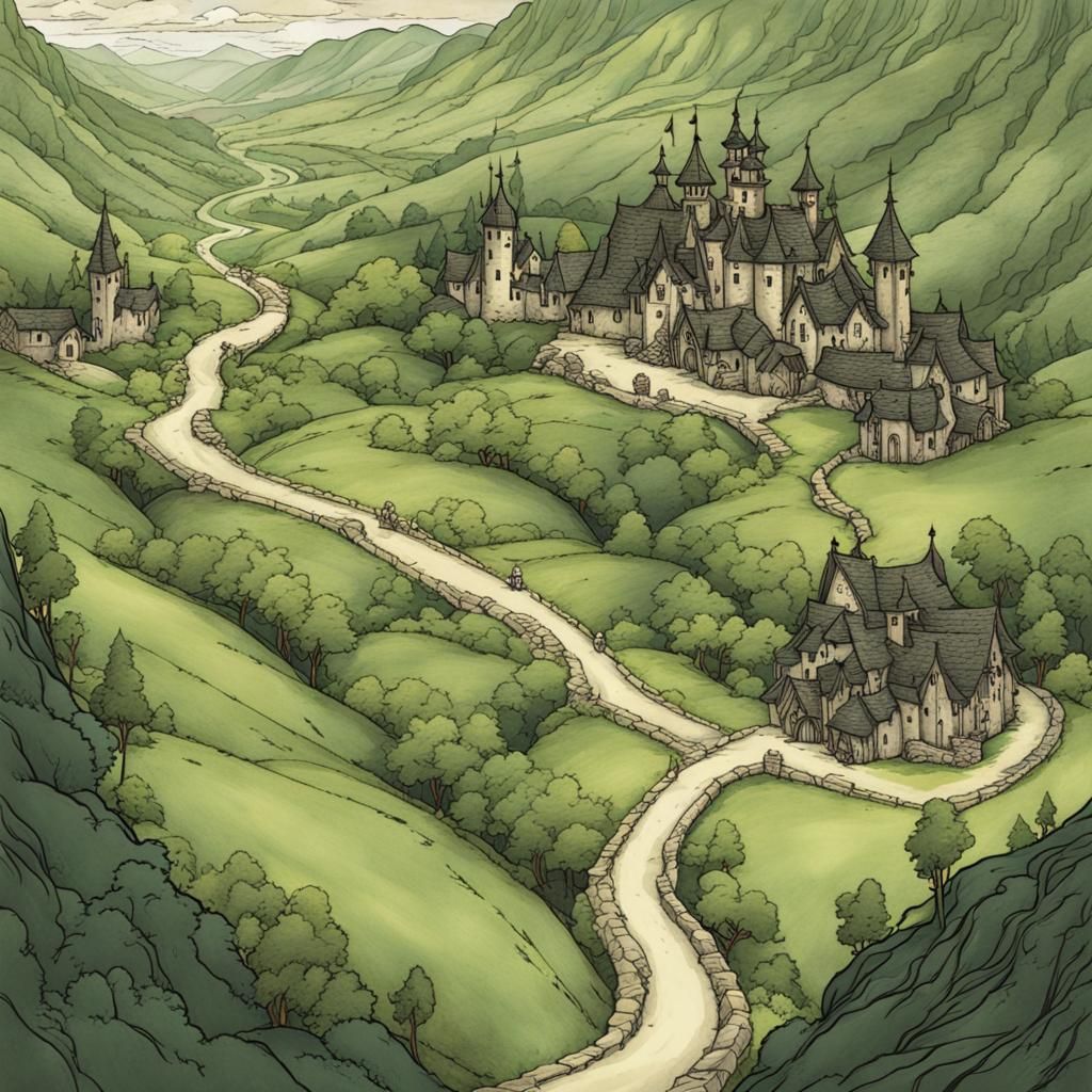 Fantasy Map Illustration in Arthur Rackham Style