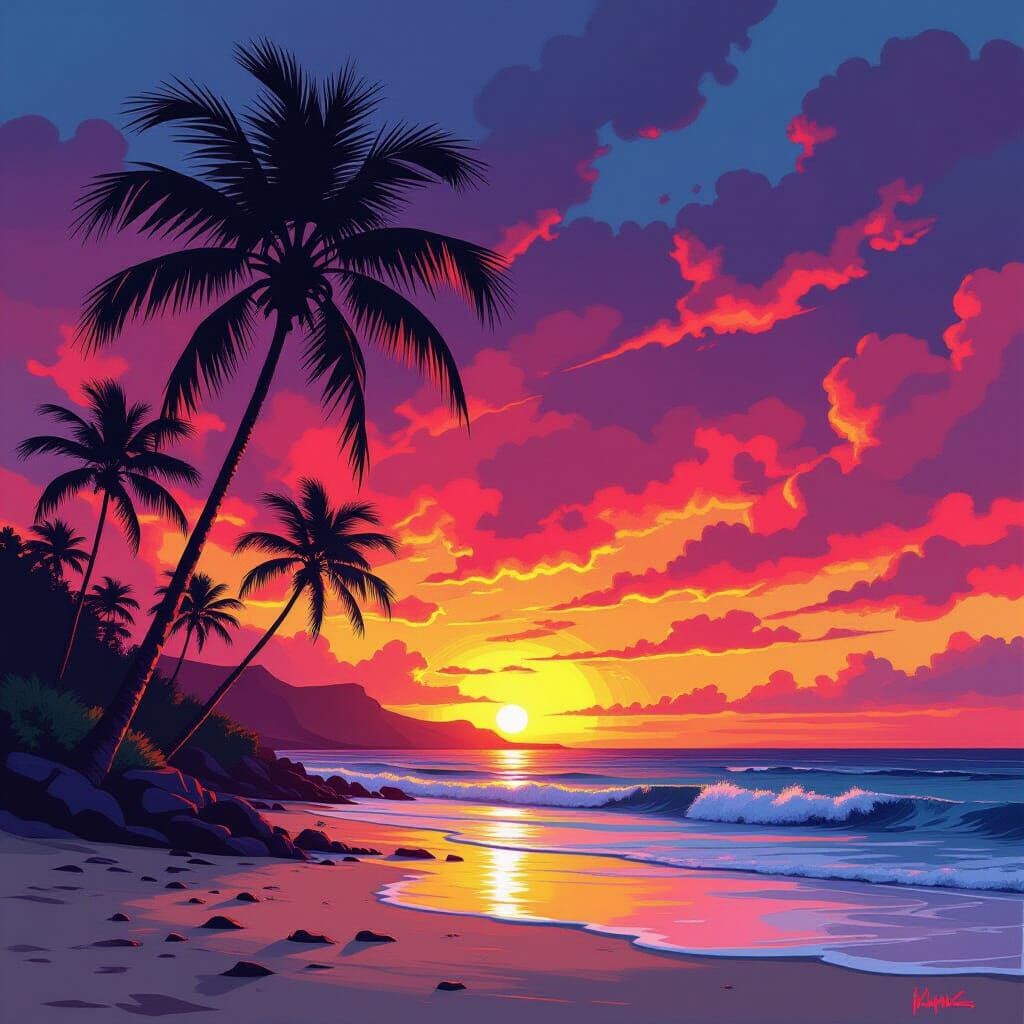 Hawaiian Sunset Graffiti Art with Vibrant Colors