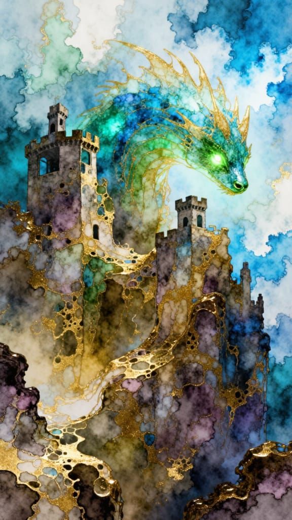 Ancient Sea Dragon Attacks Stone Castle in Dark Fantasy Styl...