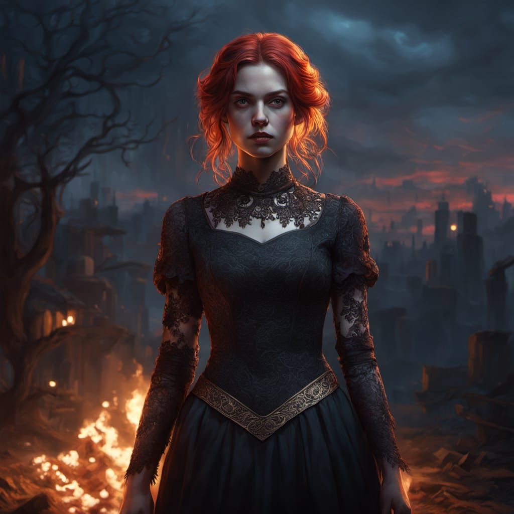 Fantasy Woman with Fiery Lace and Gold Eyes in Dusk