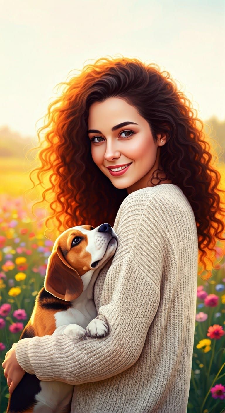 Warm Sunny Meadow Scene with Beagle and Young Woman