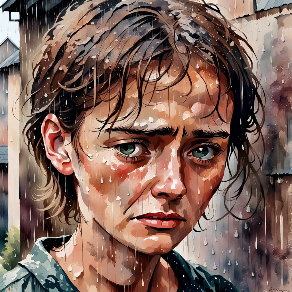 Woman Crying in Rain: Watercolour Masterpiece
