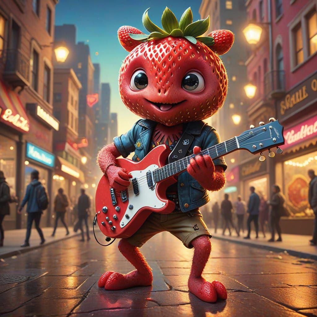 Surreal Rockstar Strawberry in Vibrant Cityscape