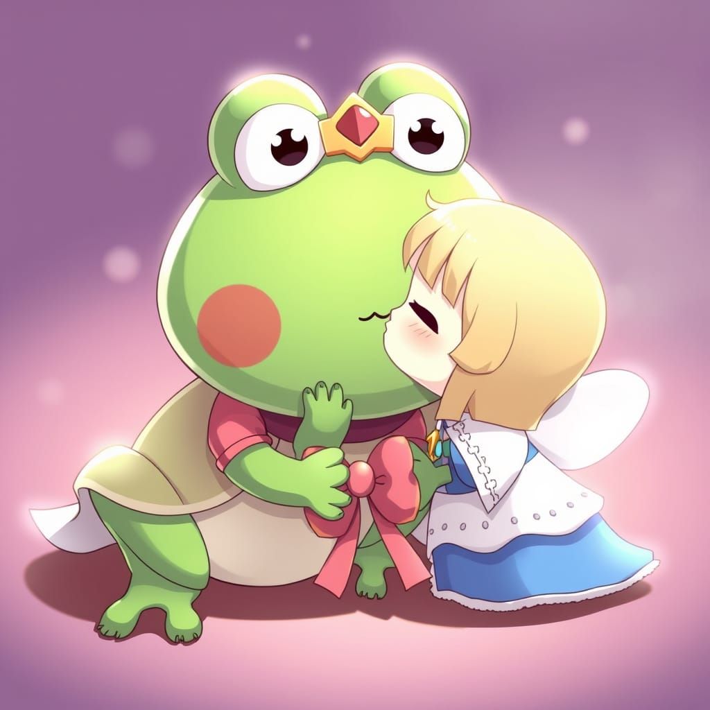 Surprised Frog Plush Toy Kissed by Princess: Anime Art
