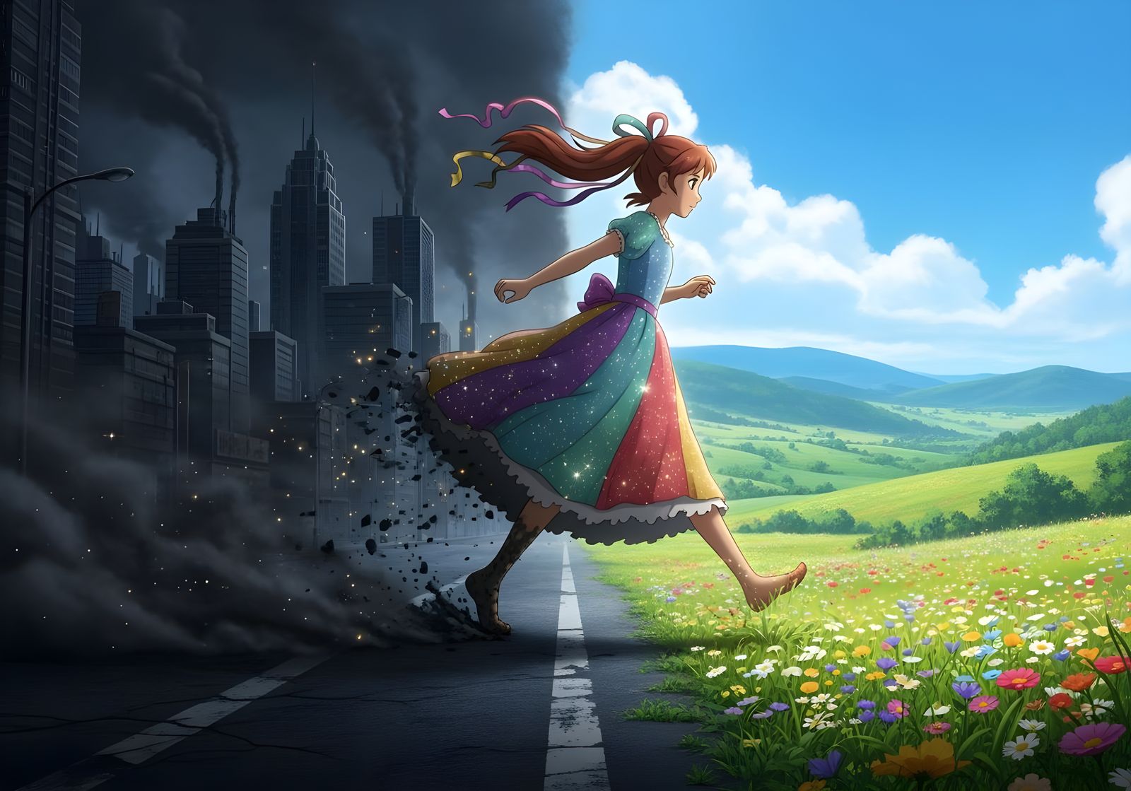 Girl Escapes Gray City into Colorful Countryside - Anime Sty...