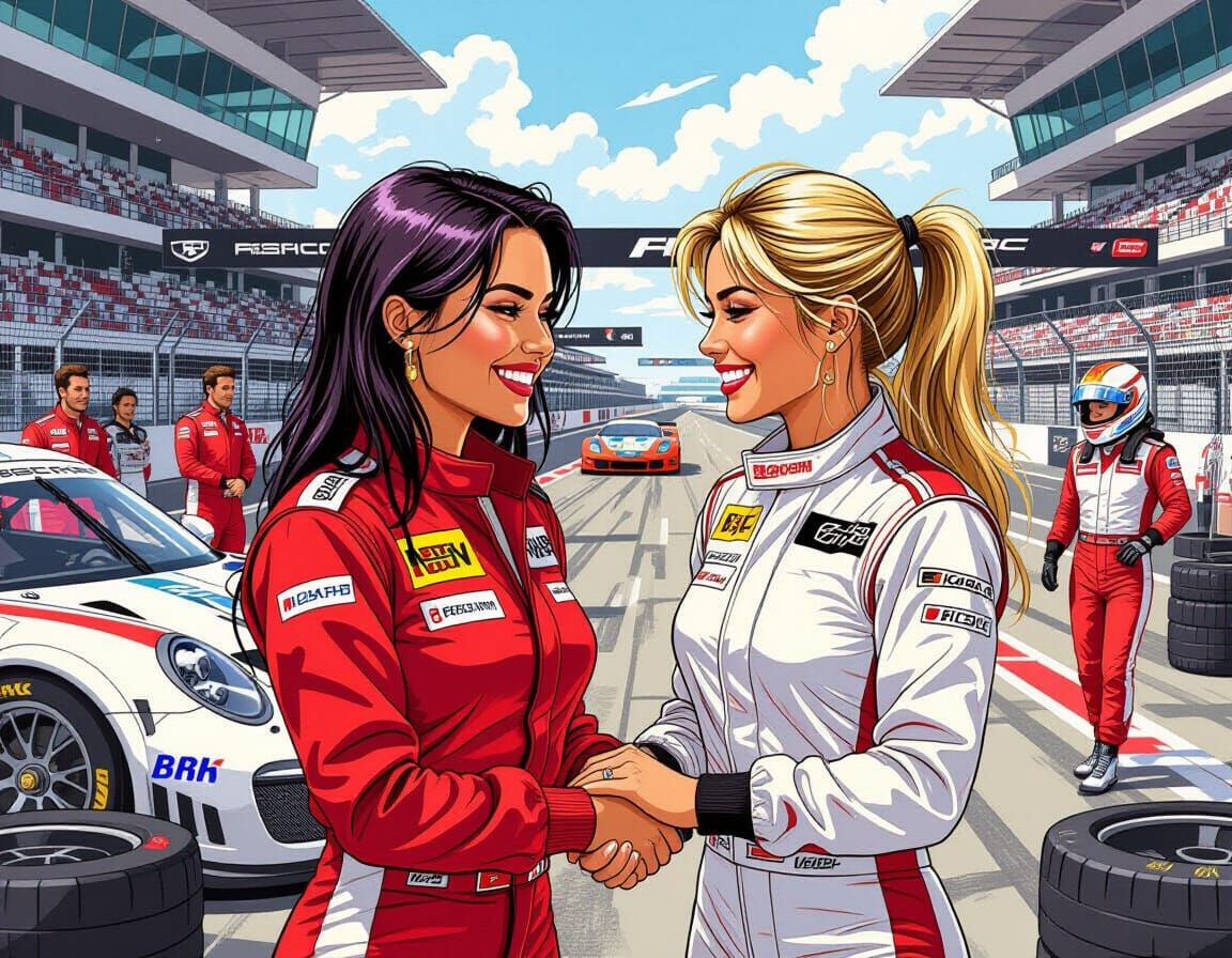 Retro 70s Race Drivers Celebrate Friendship in Pit Lane