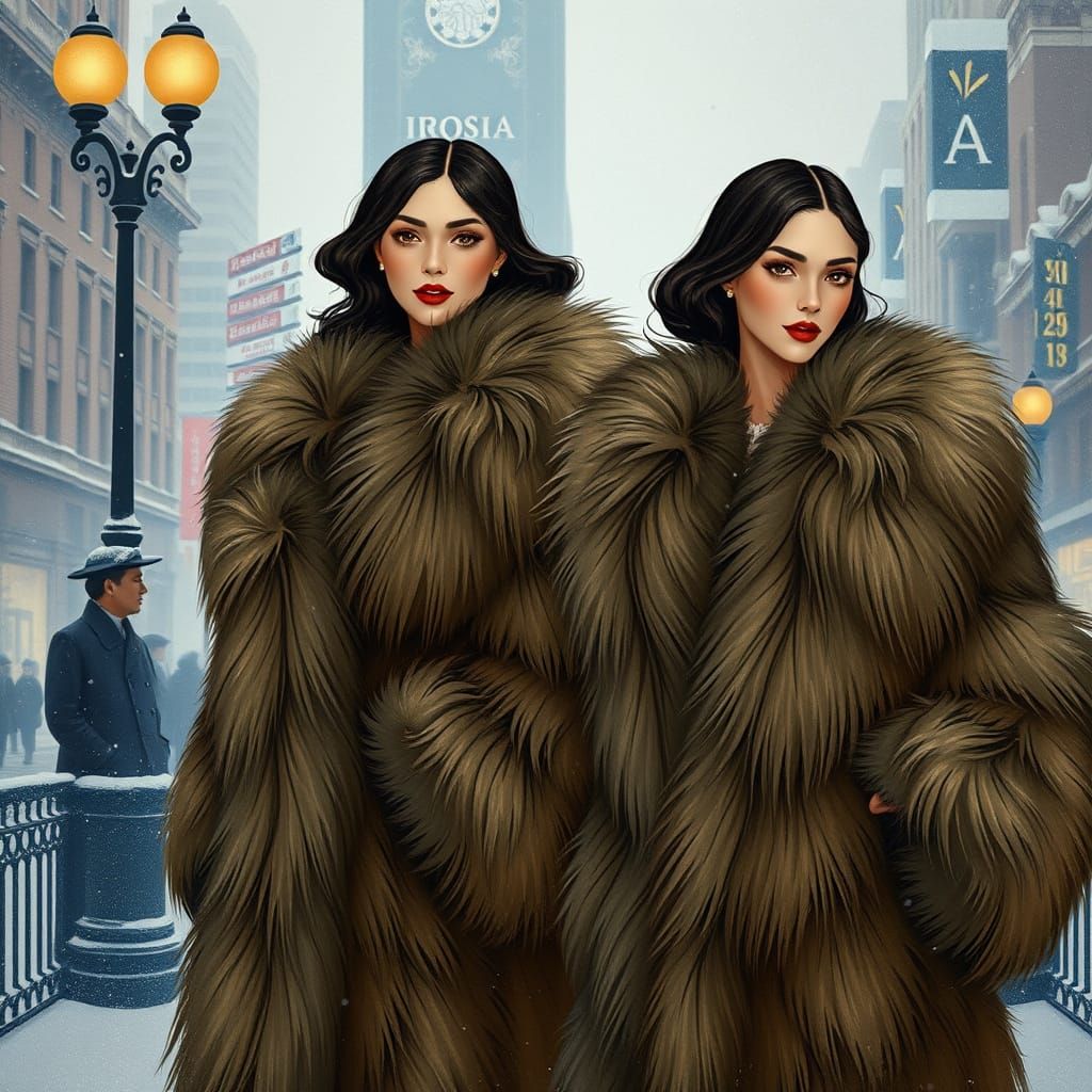 Women in Luxurious Fur Coats Against Snowy Cityscape