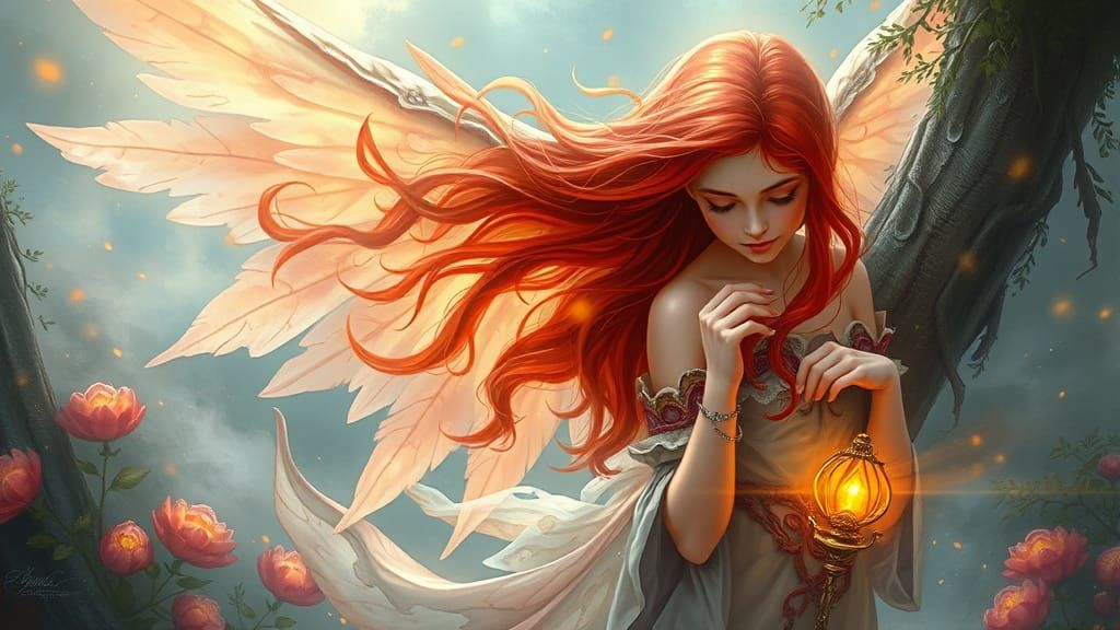 Magical Red-Haired Angel in Ethereal Fantasy Style