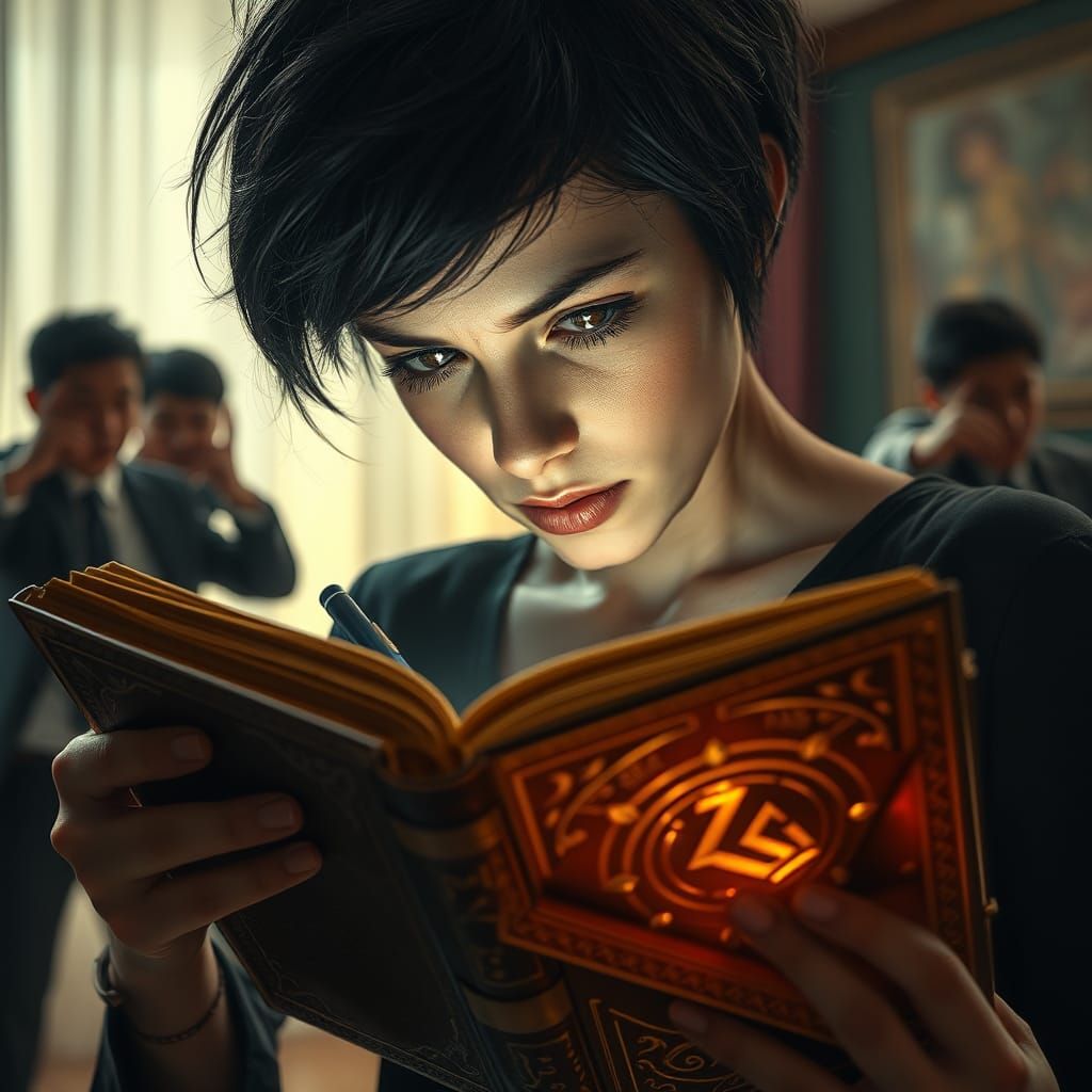 Woman Writes in Glowing Book, Hyperrealistic Style