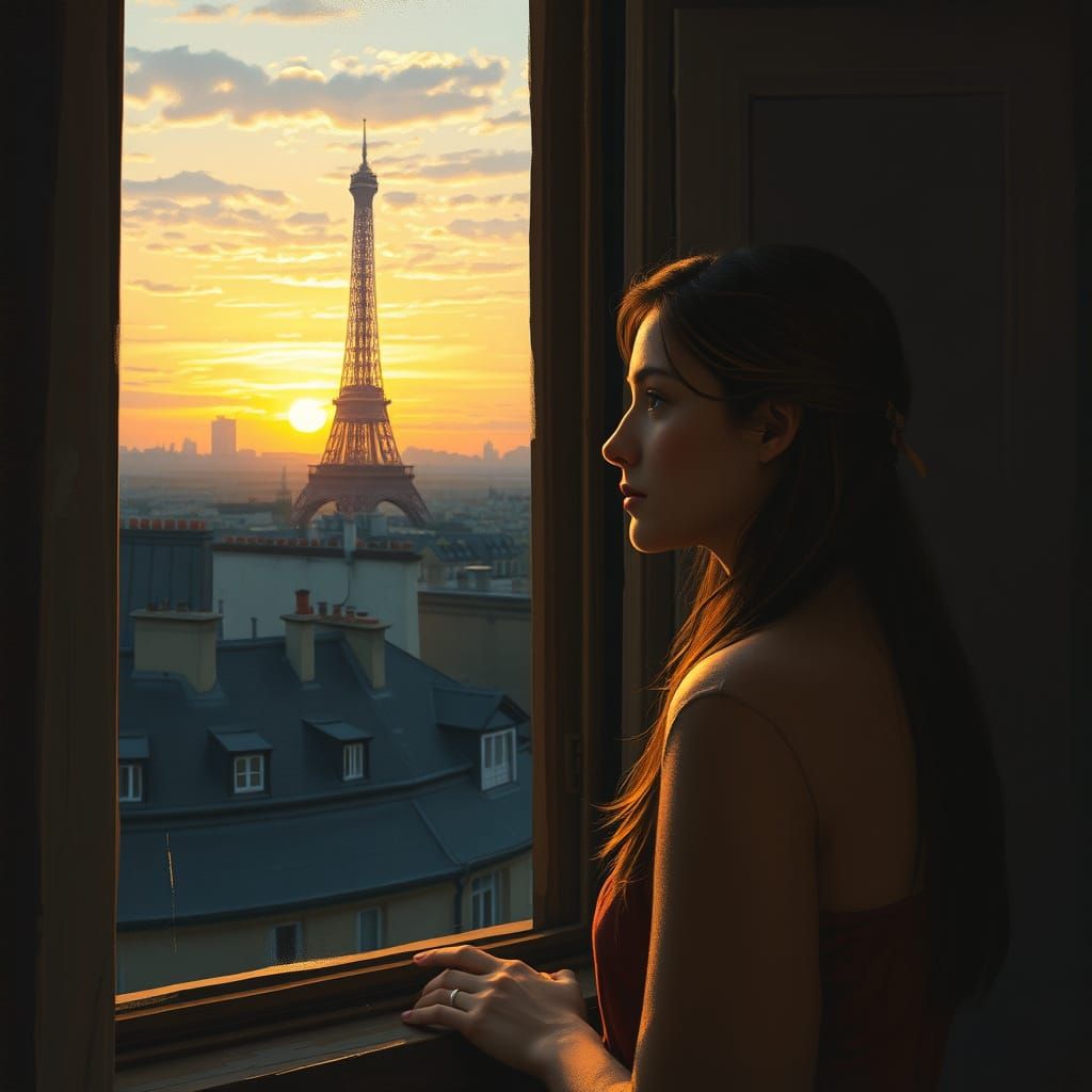Elegant Woman Gazes Out at Sunset Paris Scene in Impressioni...