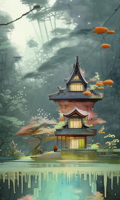 Whimsical Stone Mansion in Watercolor Forest