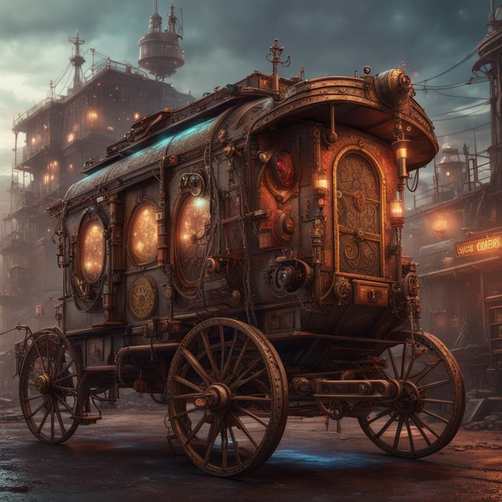 Cyberpunk Gypsy with Steampunk Wagon: Detailed Matte Paintin...