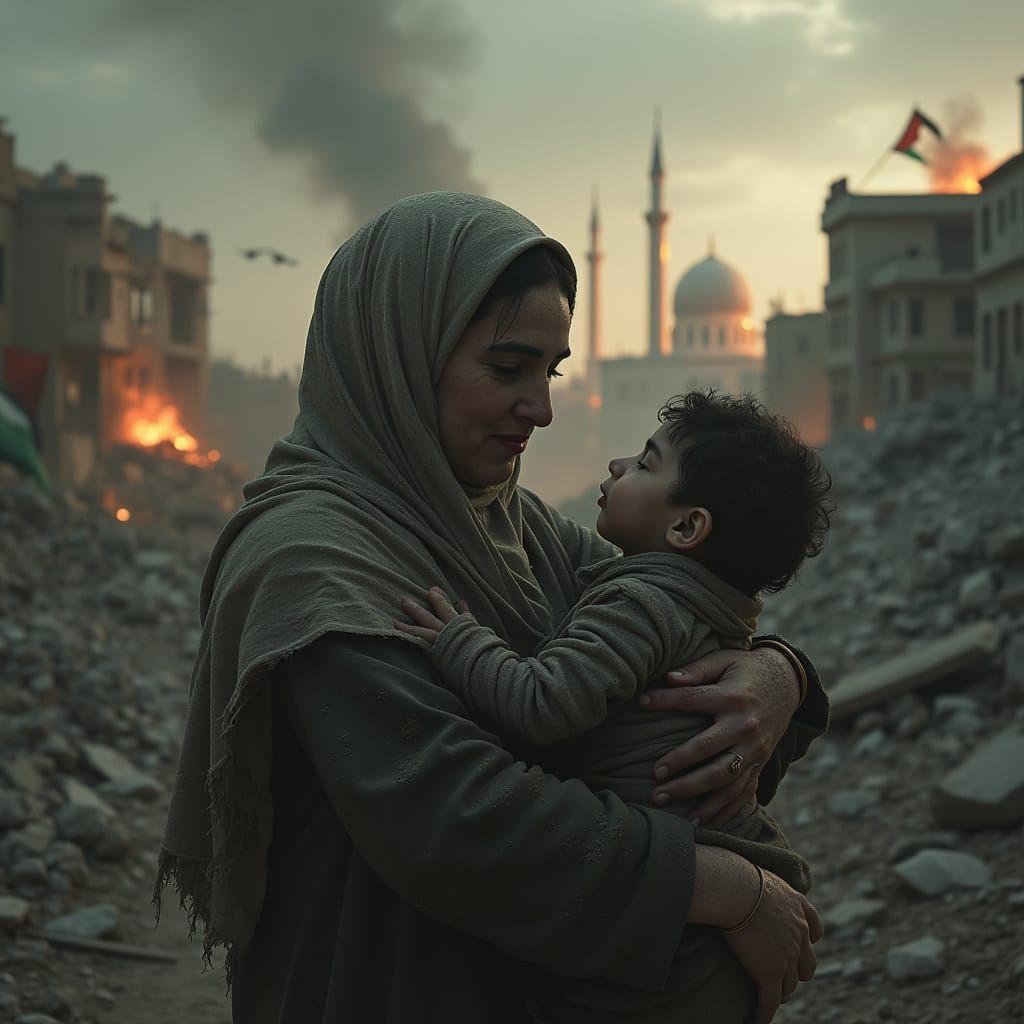 A Mother's Desperate Sorrow in War-Torn Gaza, in Cyberpunk-I...