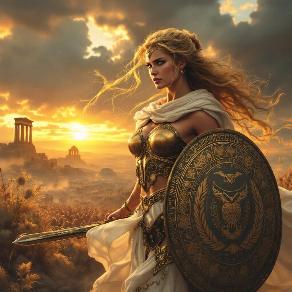 Ancient Greek Warrior Goddess with Xiphos Sword and Shield
