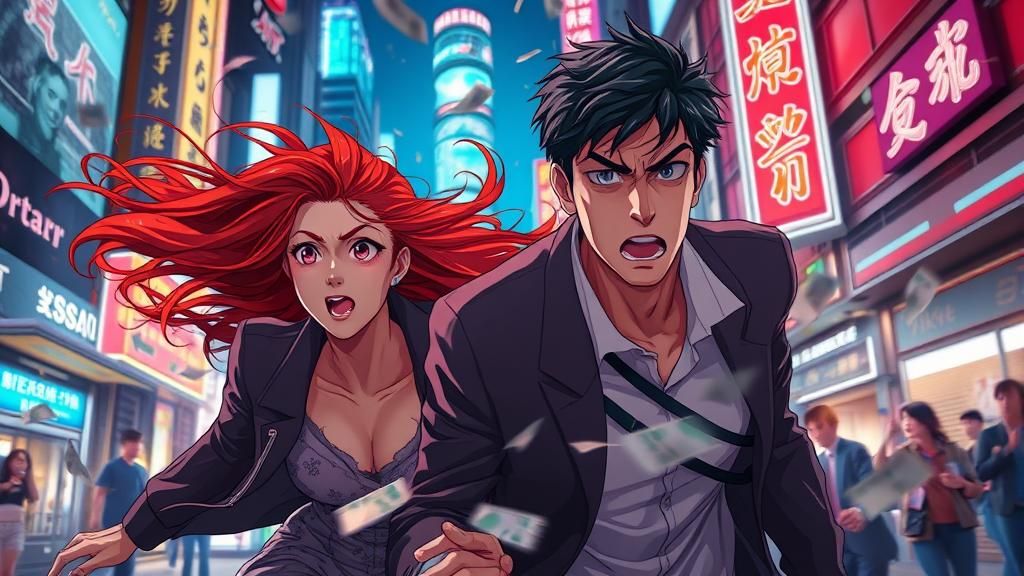 Couple Fleeing Through Neon City in Anime Style