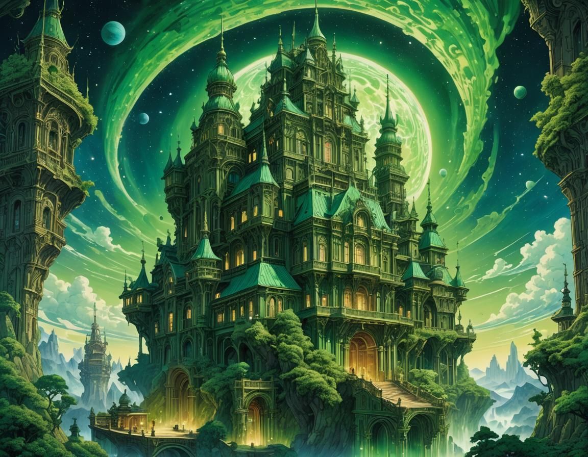 Celestial Green Palace Floating in Space