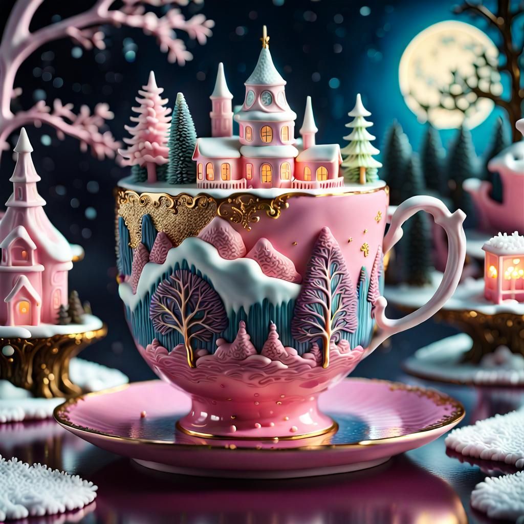 Appetizing Cake Micro-World in Porcelain Cup