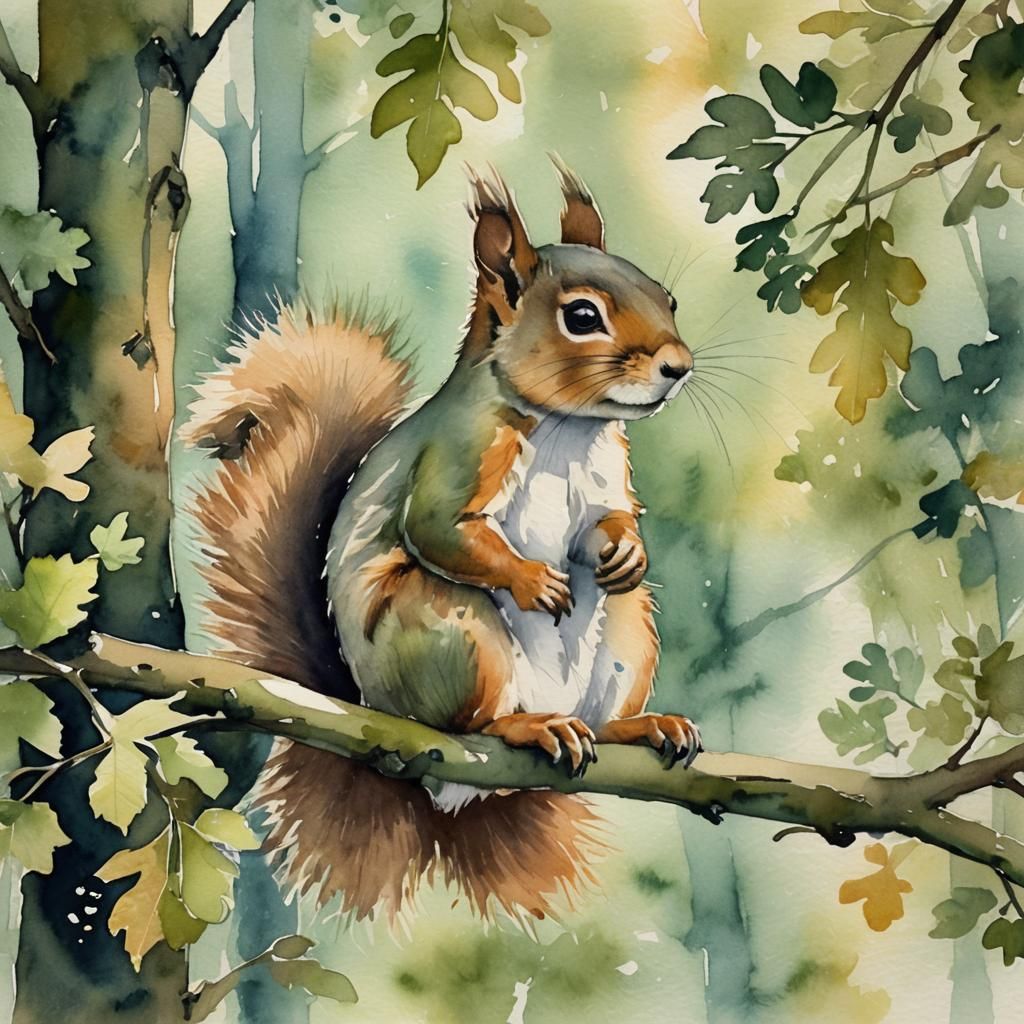 Whimsical Watercolor Squirrel in Forest