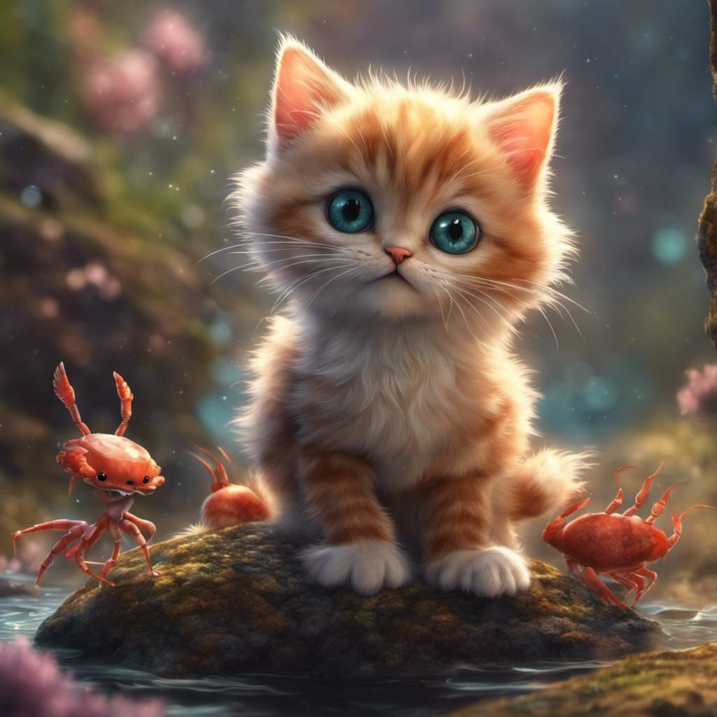 Charming Kitten and Crab Friendship in Detailed Painting