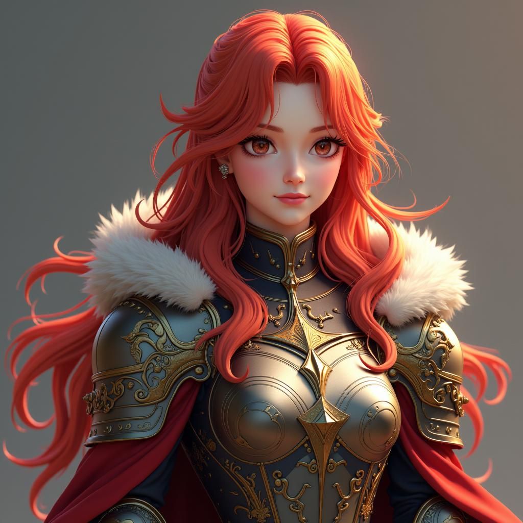 Redhead in Medieval Armor, Anime-Inspired 3D Art