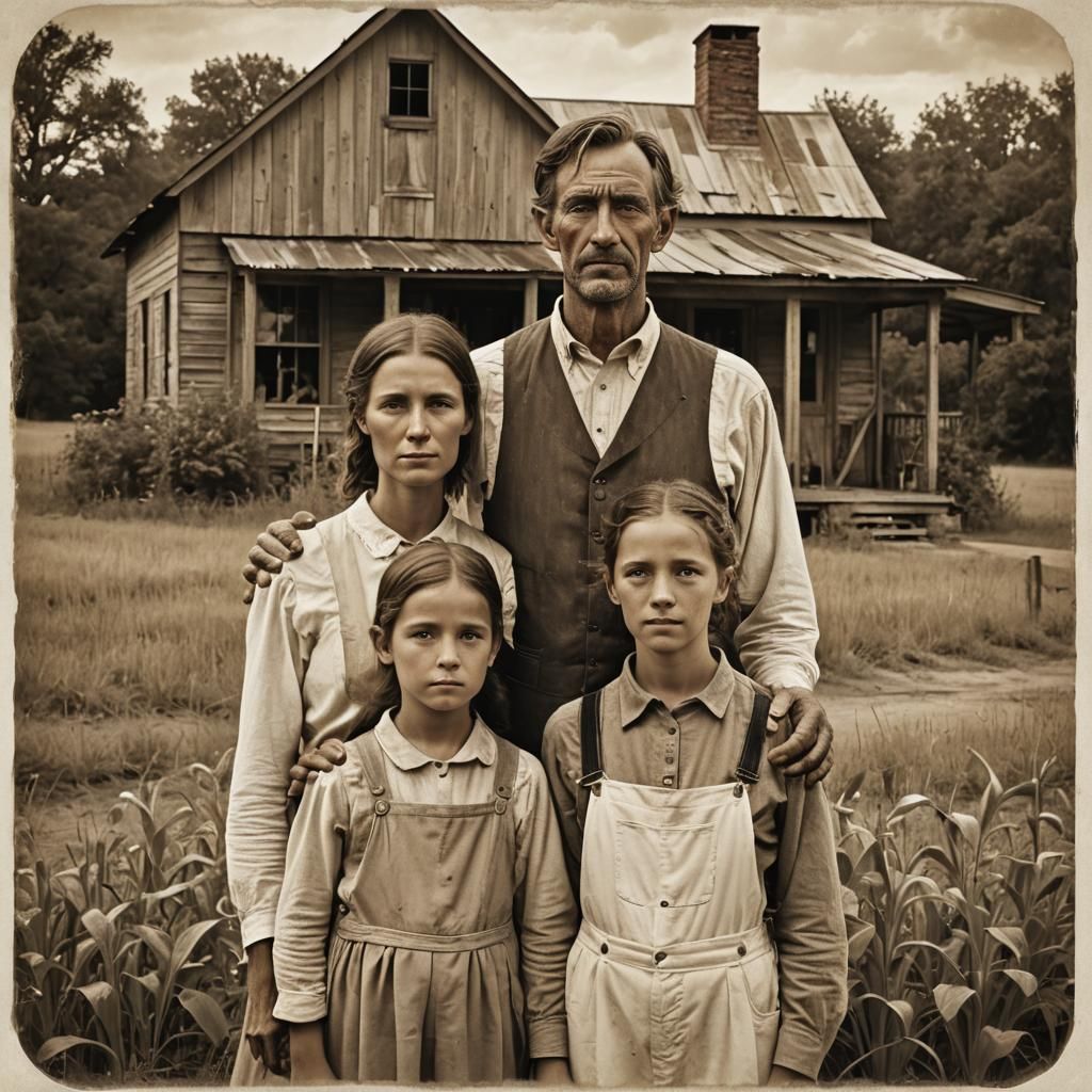 American Gothic Family in Sepia Tone