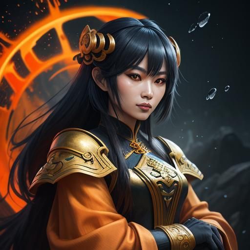 Vietnamese Woman with bangs as Queen Materia in orange
