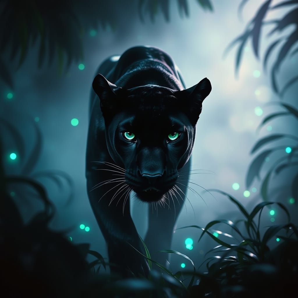 Black Panther in Bioluminescent Jungle: Cinematic Art