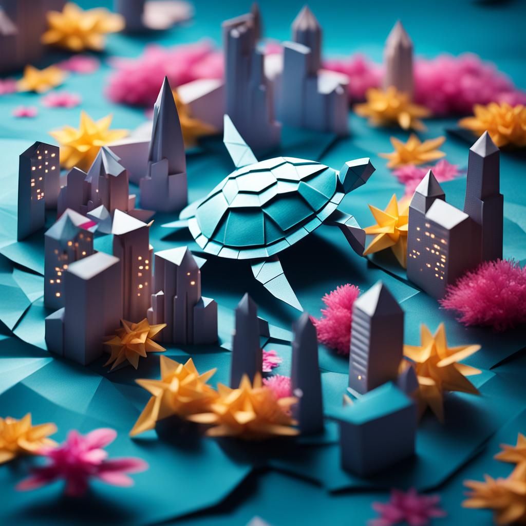 Origami City Turtle Swims Through Cosmos