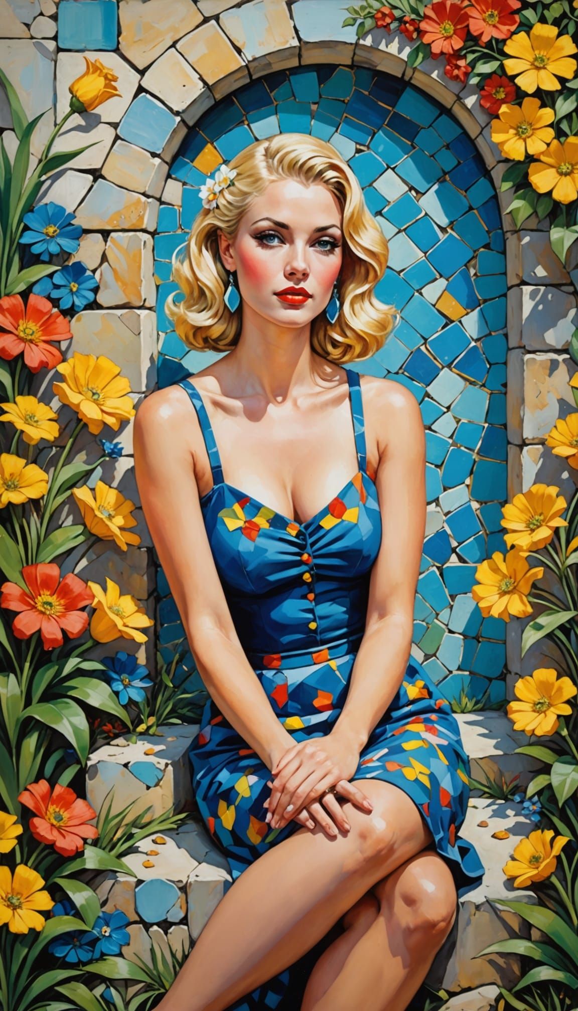 Blonde Muse in Garden: Whimsical Gouache Painting