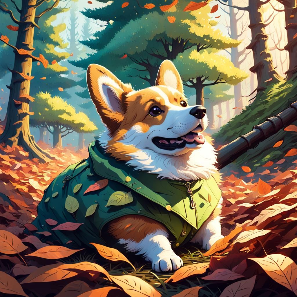 Corgi in Autumn Leaves, Fantasy Concept Art