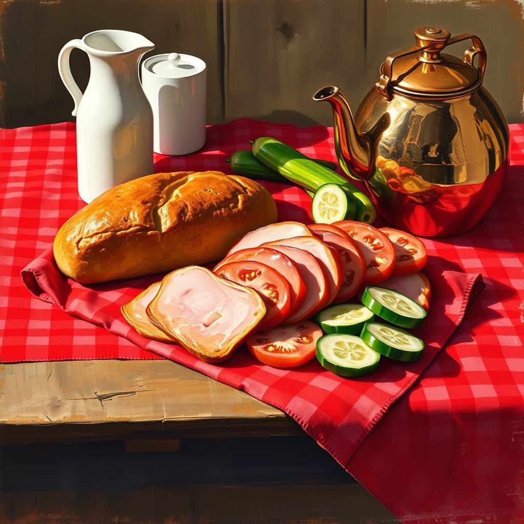 A simple watercolor - a ruddy loaf is lying on a red checker...
