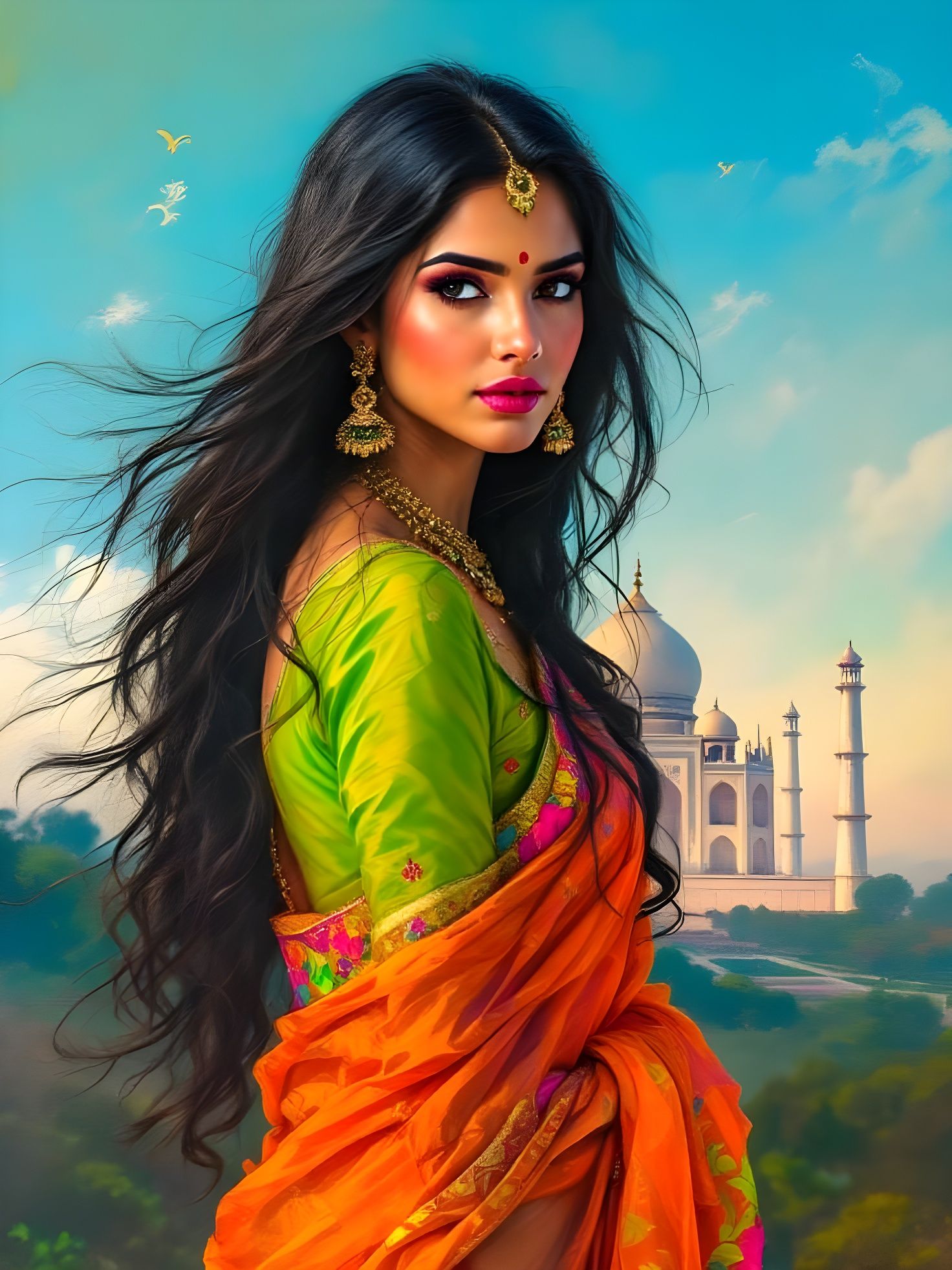 Indian Beauty in Neon Sari, Dreamlike Pop Art