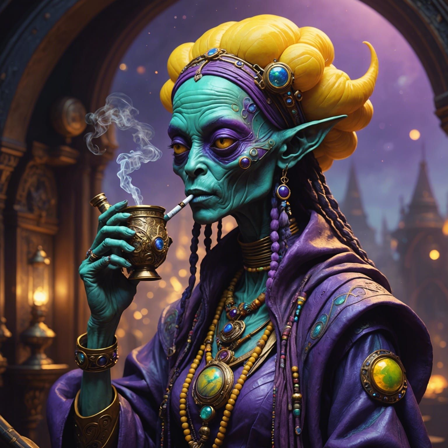 Hippie Alien Smoking Pipe: Dark Fantasy Art