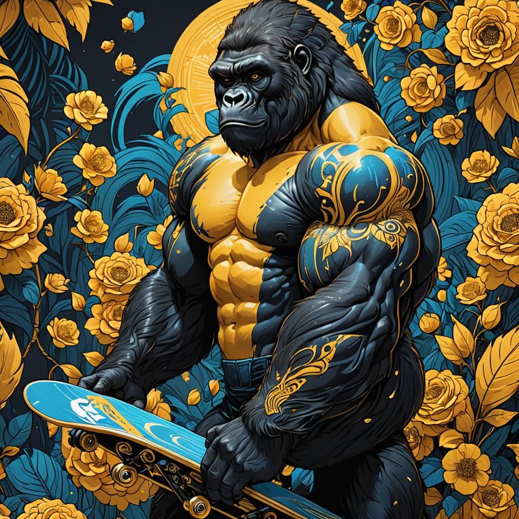 Gorilla Bodybuilder Skateboarder in Art Nouveau Style
