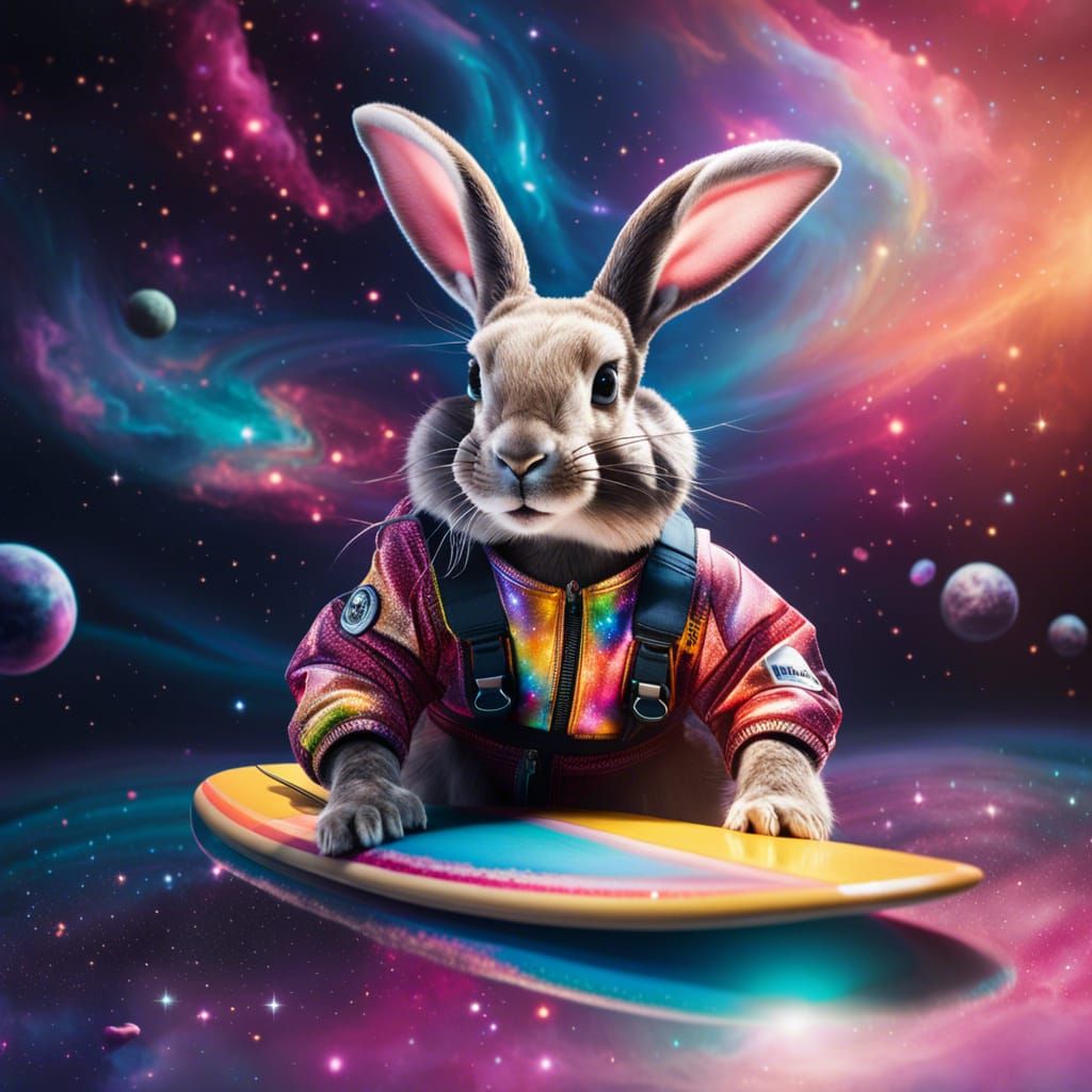 Photorealistic Easter Bunny Surfing in Space