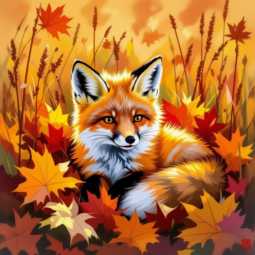 Fox Kit in Autumn Leaves, Gouache Painting at Twilight