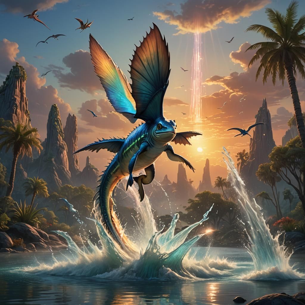 Flying Fish and Dinosaurs at Sunrise