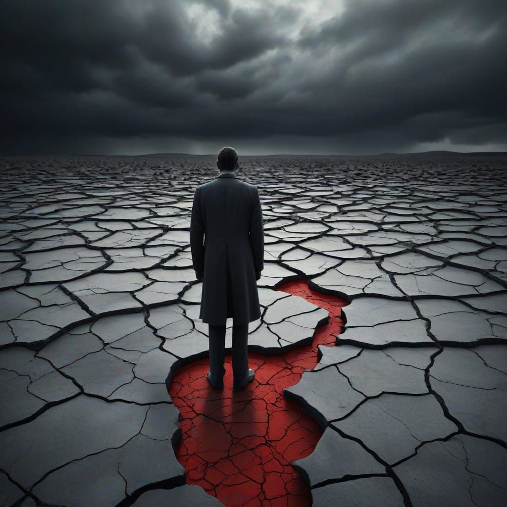 Lone Figure in Surreal Cracked Wasteland Under Ominous Cloud...