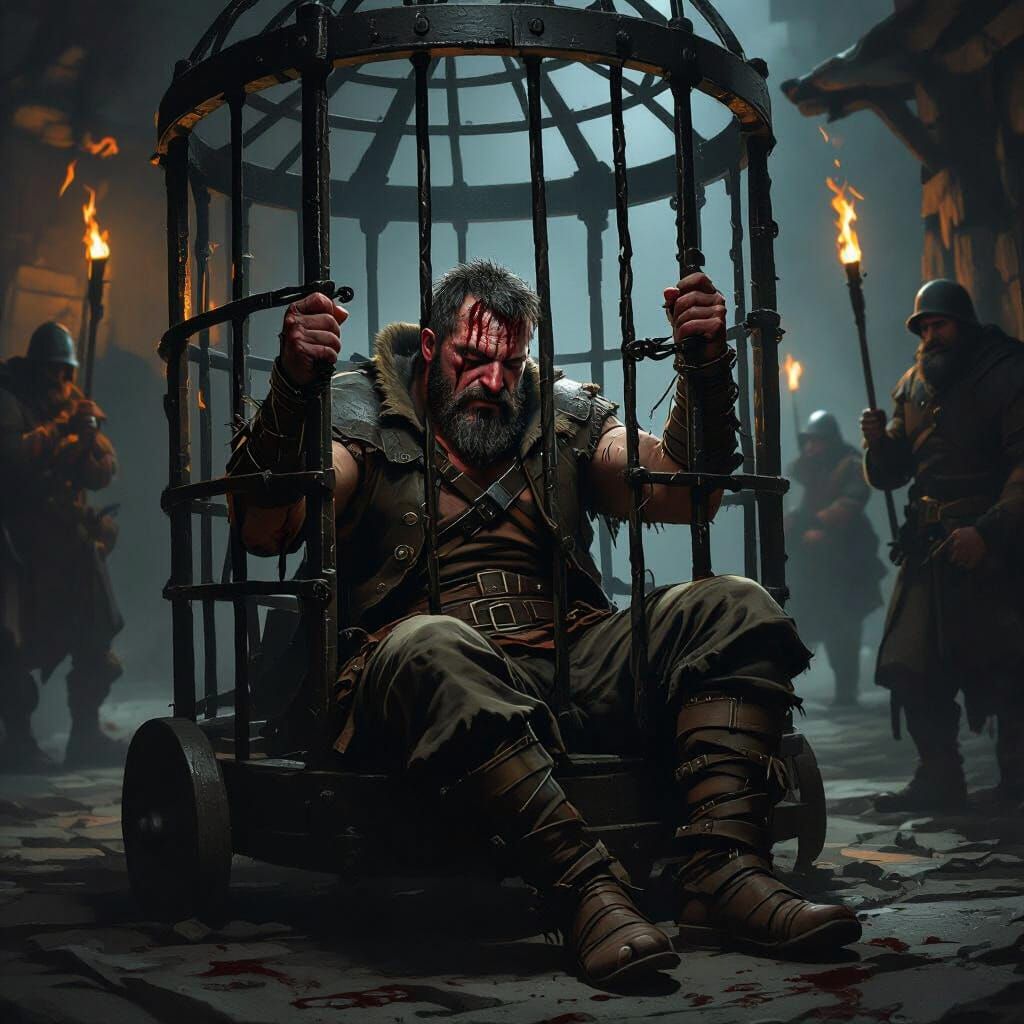 Warrior Wakes Chained in Wheeled Cage