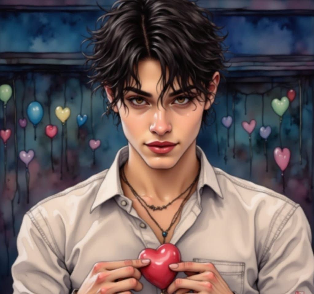 Ink Drawing of Jinu with Balloon Hearts